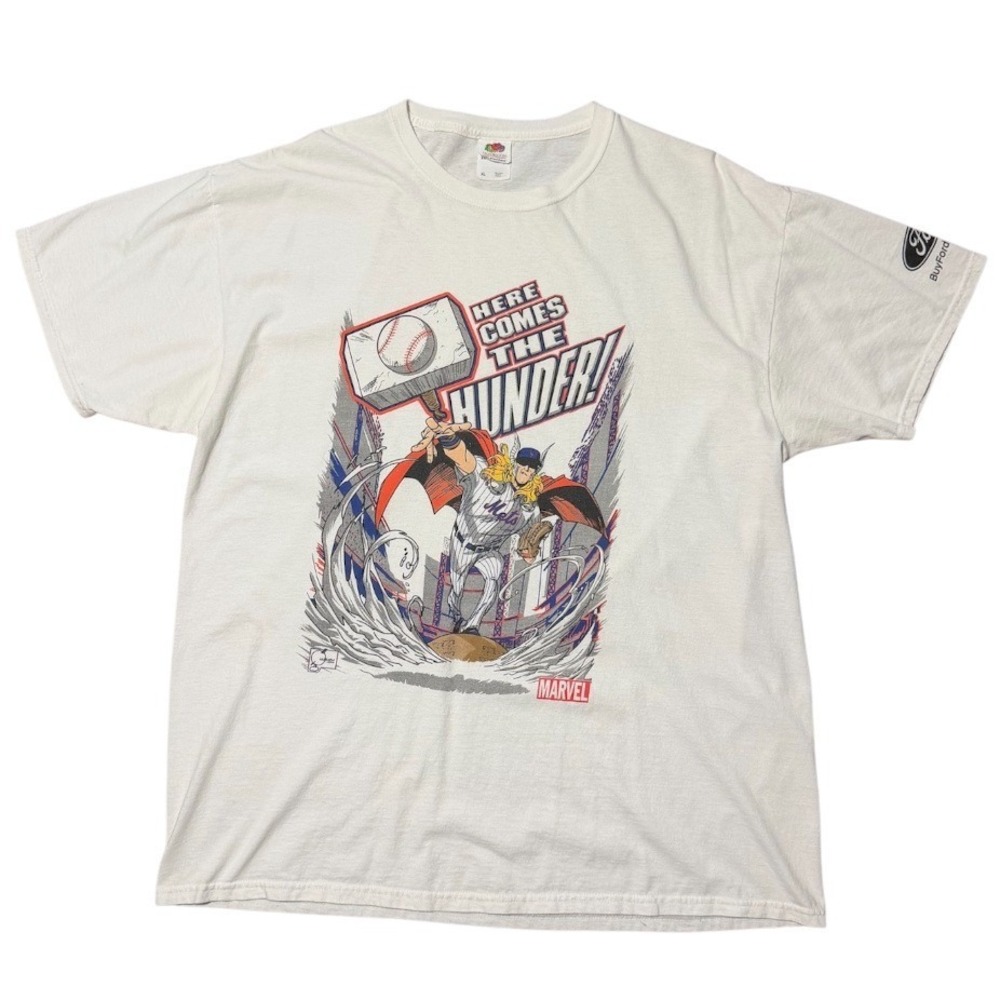 Marvel Thor New York Mets Graphic Mens XL White Ford Promo Baseball MLB T-shirt